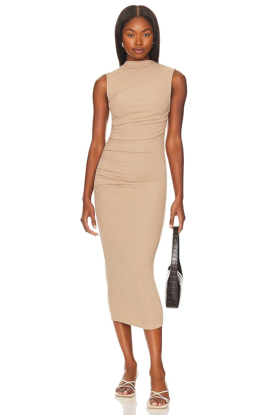 Enza Costa Midi Dress Silk Knit Twist Ribbed Mock Neck Preppy Casual Office S